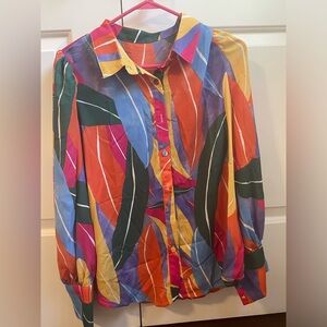 Colorful long-sleeved button up “Hawaiian shirt”